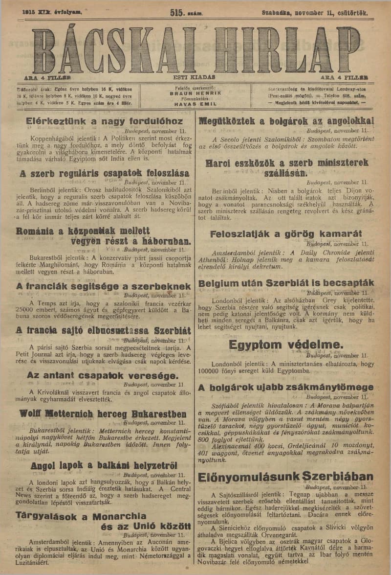 Bácskai Hirlap, 19. évf. 1915. november 11. 515. sz.