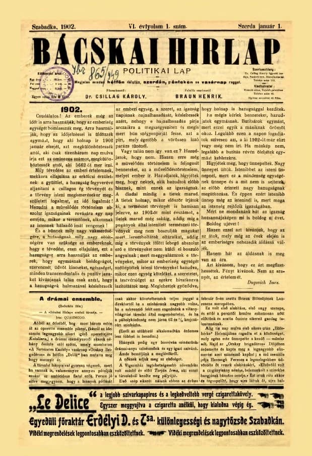 Bácskai Hirlap, 6. évf. 1902. január 1. 1. sz.