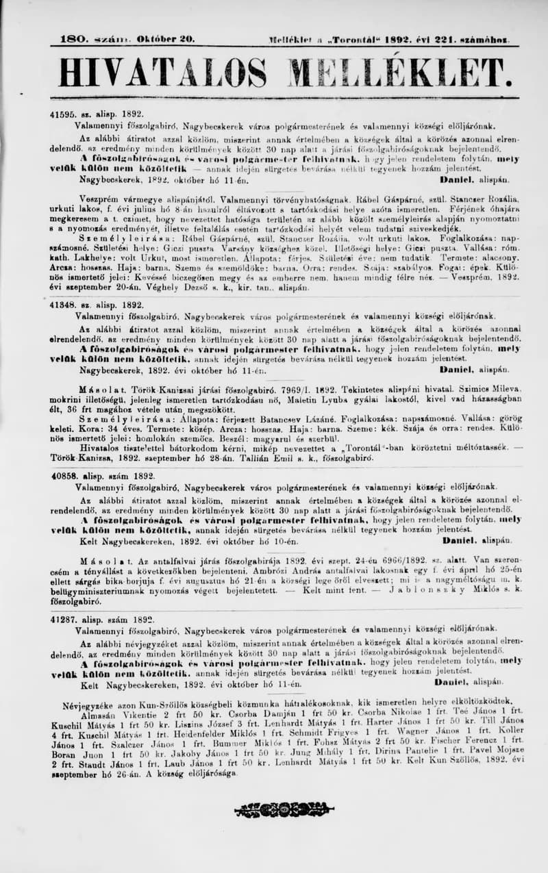 A Totontál  hivatalos melléklete, 5. évf. 1892. október 20. 180. sz.