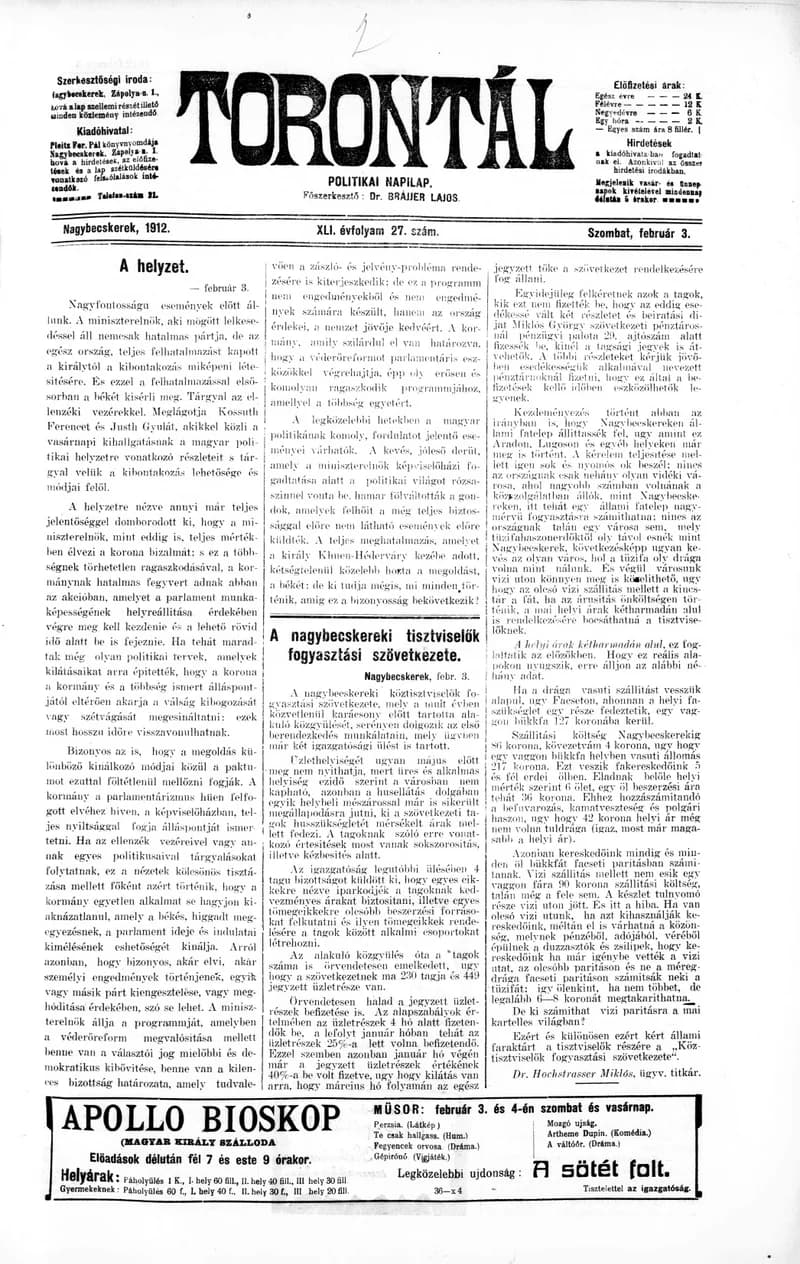 Torontál, 41. évf. 1912. február 3. 27. sz.
