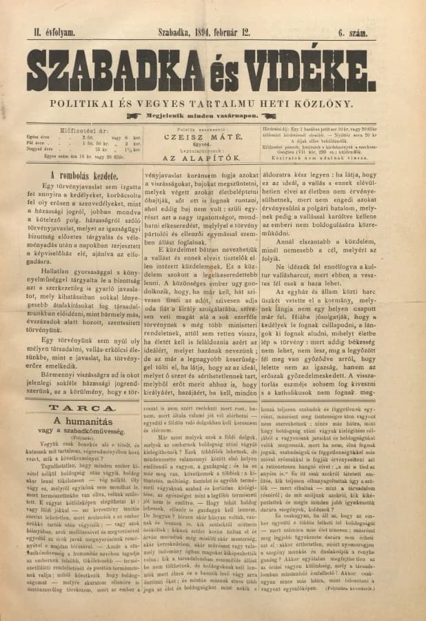 Szabadka és vidéke II, 2. évf. 1894. február 12. 6. sz.