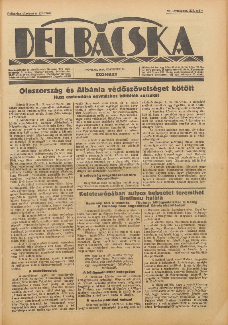 Délbácska, 8. évf. 1927. november 26. 275. sz.