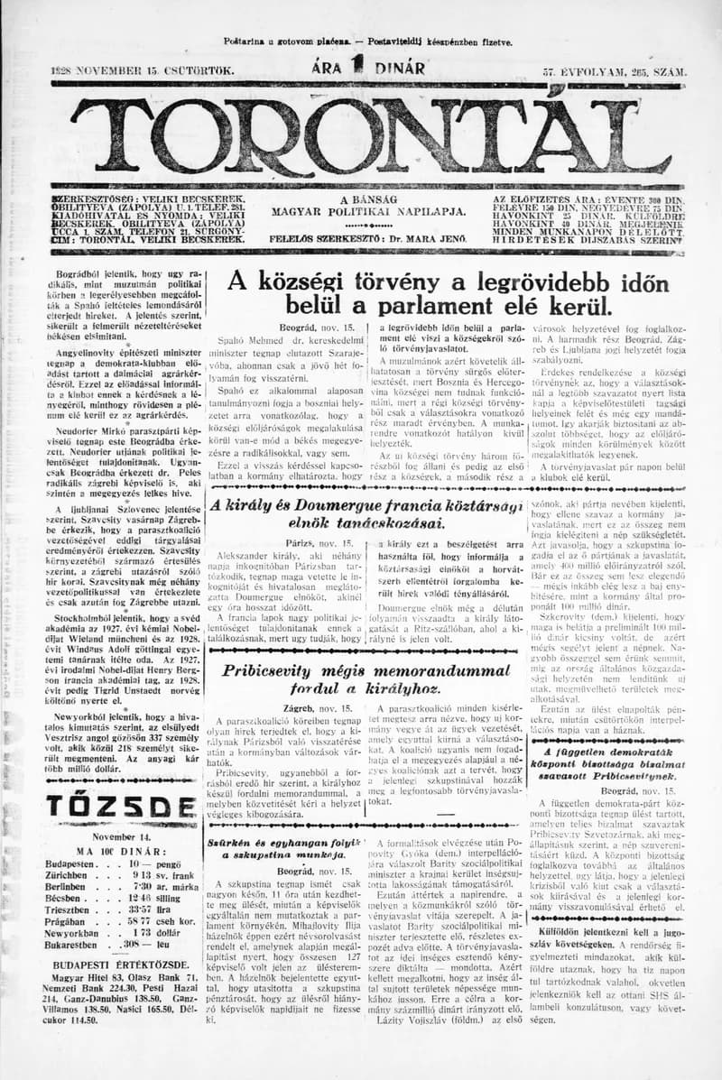 Torontál, 57. évf. 1928. november 15. 265. sz.