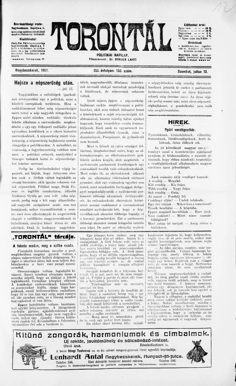 Torontál, 41. évf. 1912. július 13. 158. sz.