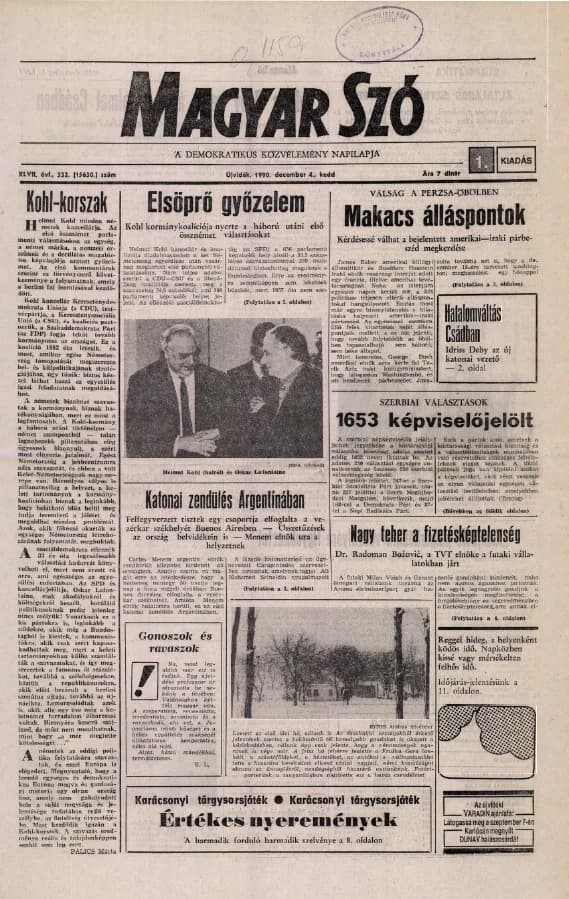 Magyar Szó, 47. évf. 1990. december 4. 332. sz. 1–20. oldal