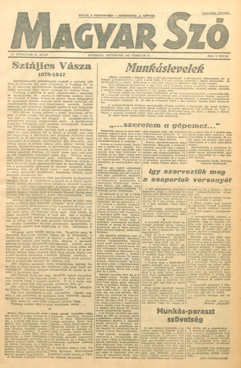 Magyar Szó, 4. évf. 1947. február 13. 37. sz. 1–8. oldal