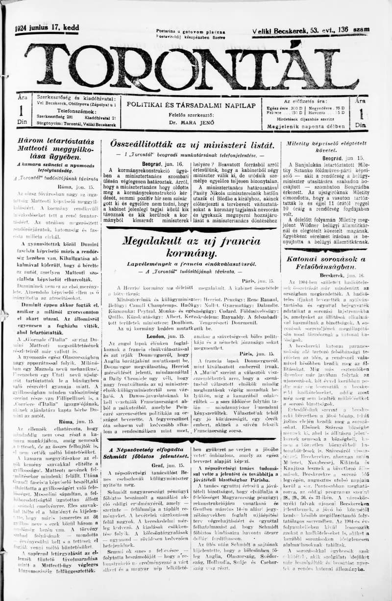 Torontál, 53. évf. 1924. június 17. 136. sz.