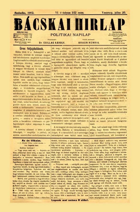 Bácskai Hirlap, 6. évf. 1902. július 20. 142. sz.