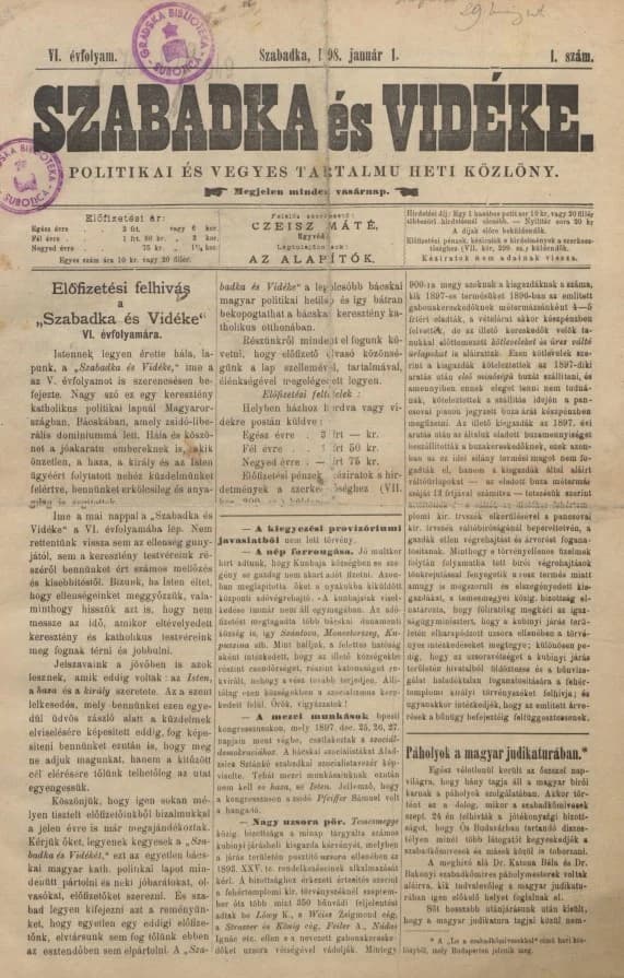 Szabadka és vidéke II, 6. évf. 1898. január 1. 1. sz.