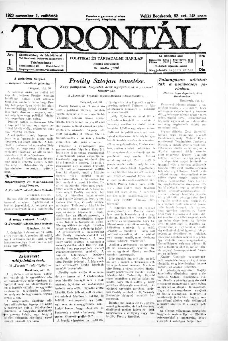 Torontál, 52. évf. 1923. november 1. 248. sz.