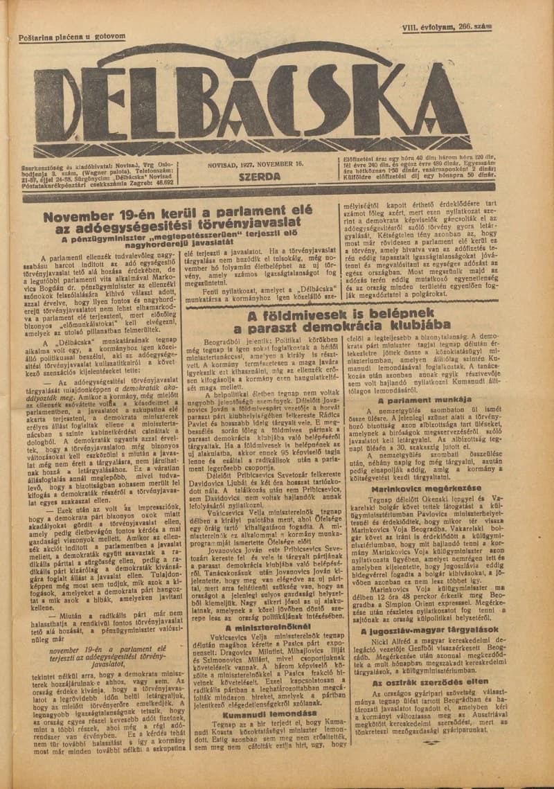 Délbácska, 8. évf. 1927. november 16. 266. sz.