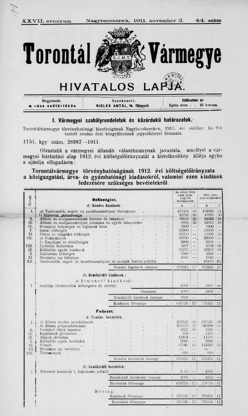 Torontál Vármegye Hivatalos Lapja, 27. évf. 1911. november 2. 44. sz.
