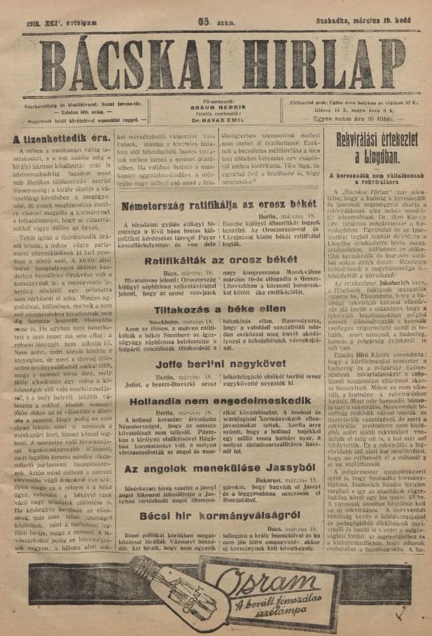 Bácskai Hirlap, 22. évf. 1918. március 19. 65. sz.