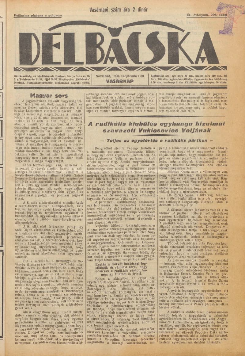 Délbácska, 9. évf. 1928. szeptember 30. 229. sz.