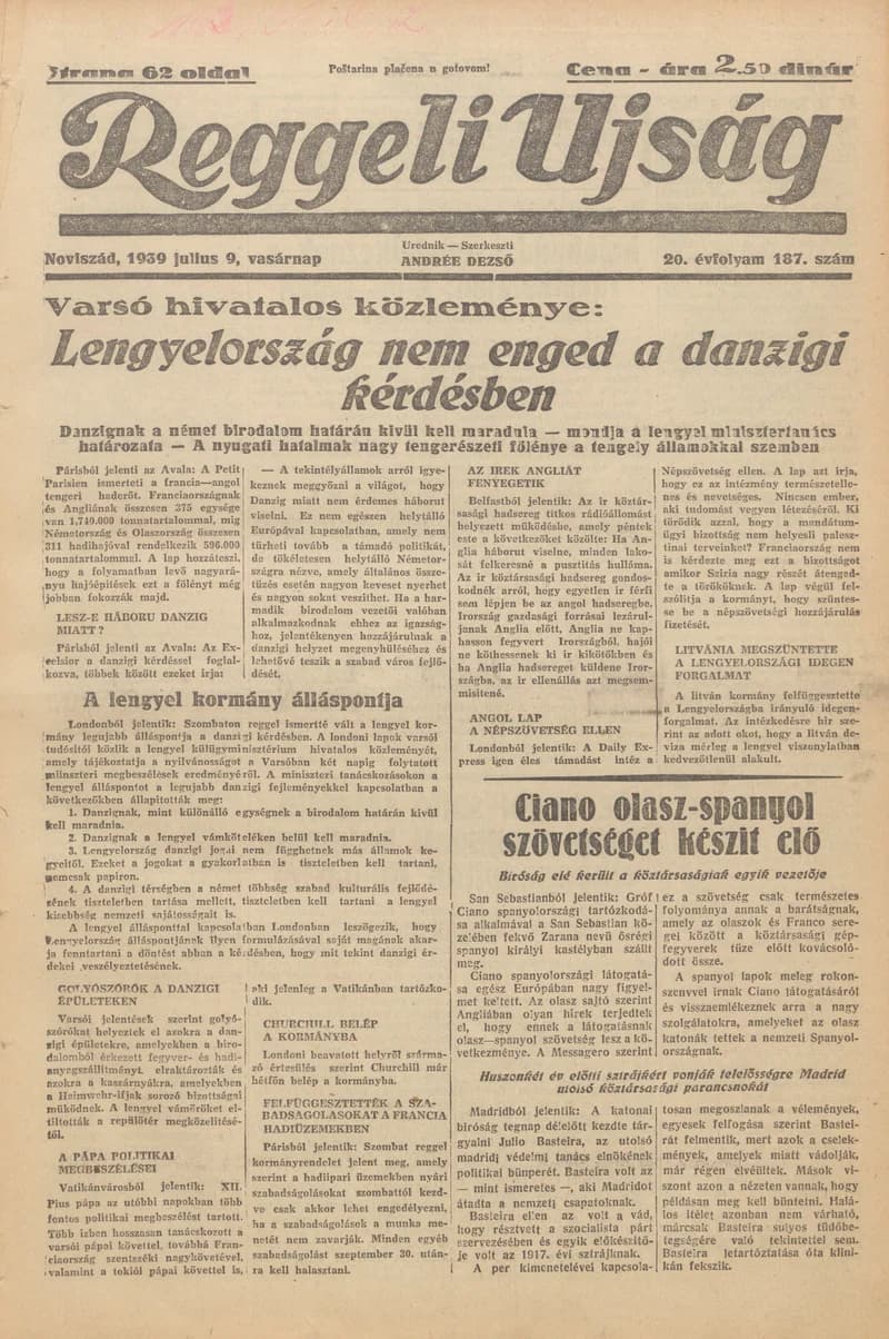 Reggeli Újság, 20. évf. 1939. július 9. 187. sz.