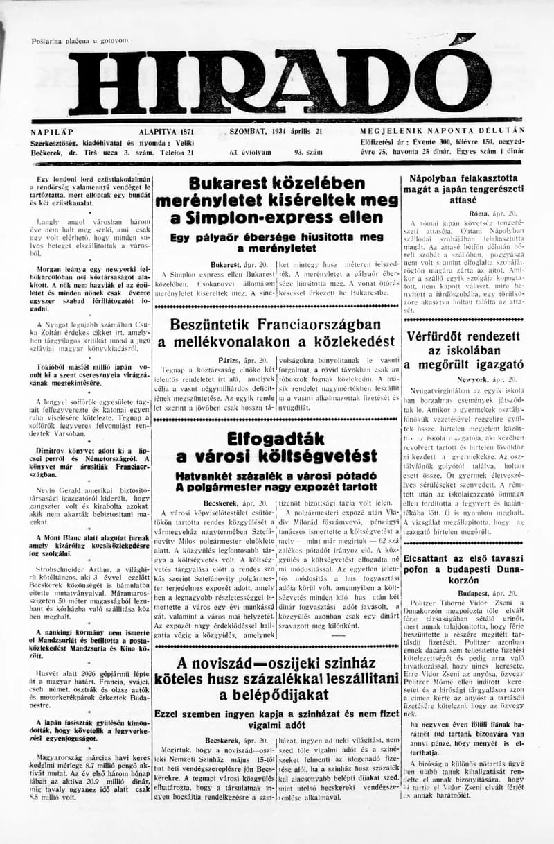 Híradó, 63. évf. 1934. április 21. 93. sz.