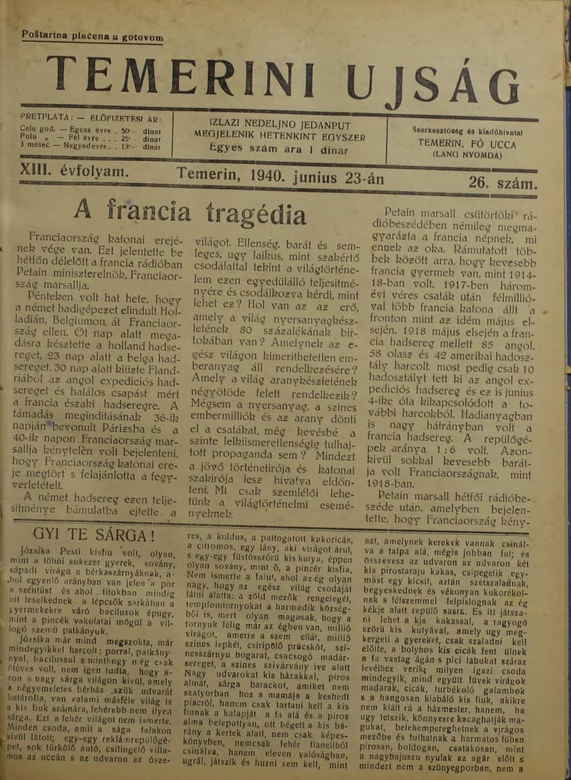 Temerini Újság 1928-1944, 13. évf. 1940. június 23. 26. sz.