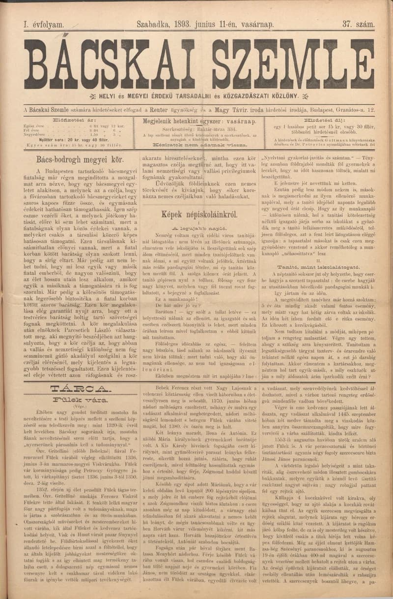 Bácskai Szemle, 1. évf. 1893. június 11. 37. sz.