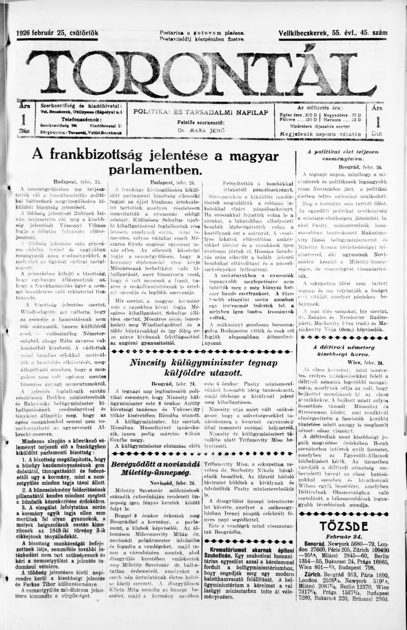 Torontál, 55. évf. 1926. február 25. 45. sz.