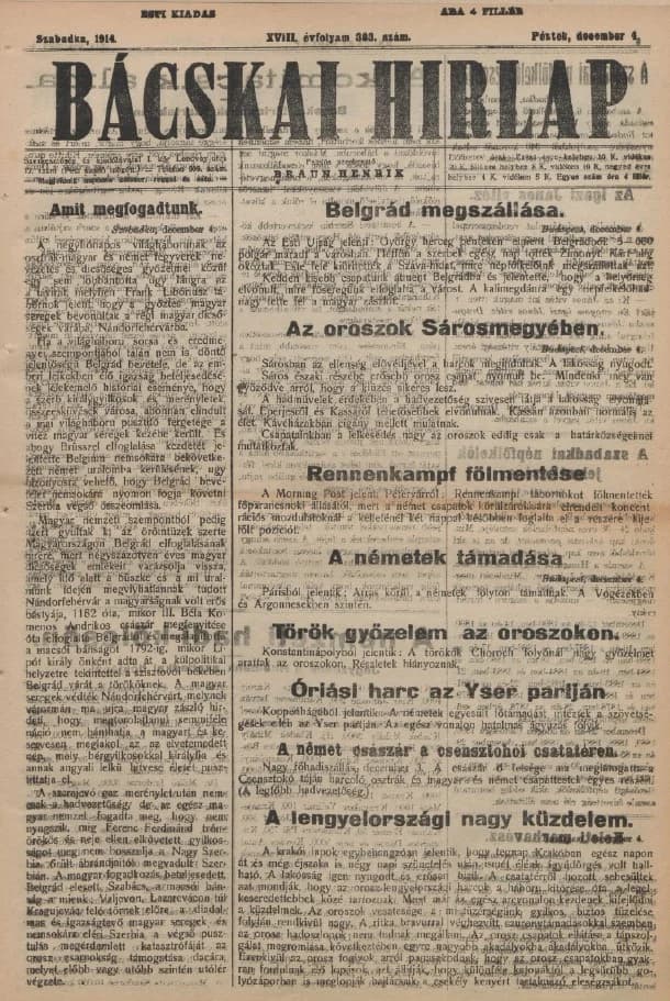 Bácskai Hirlap, 18. évf. 1914. december 4. 333. sz.