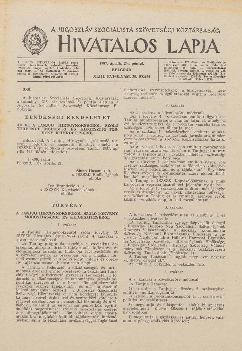 A Jugoszláv Szocialista Szövetségi Köztársaság Hivatalos Lapja, 43. évf. 1987. április 24. 30. sz. 765–784. oldal