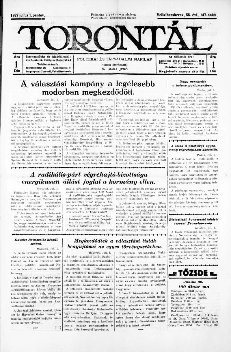 Torontál, 56. évf. 1927. július 1. 147. sz.