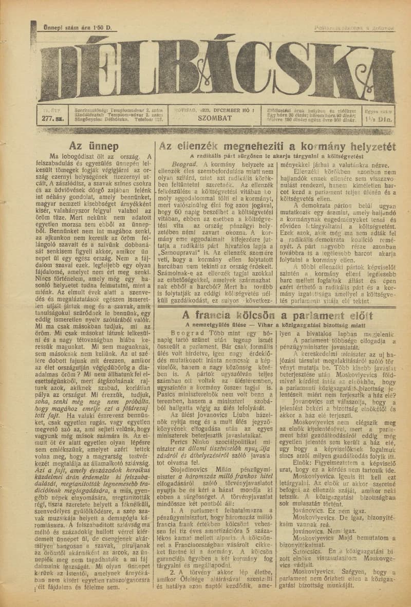 Délbácska, 4. évf. 1923. december 1. 277. sz.