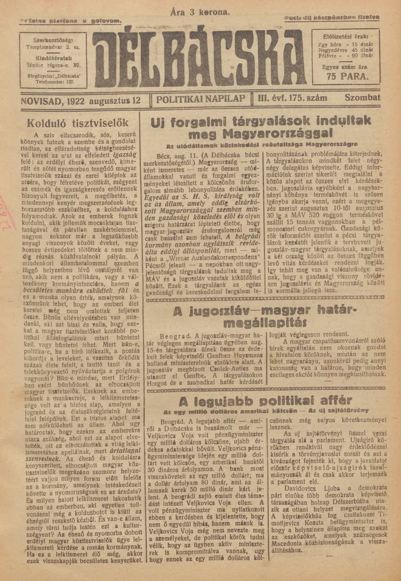 Délbácska, 3. évf. 1922. augusztus 12. 175. sz.