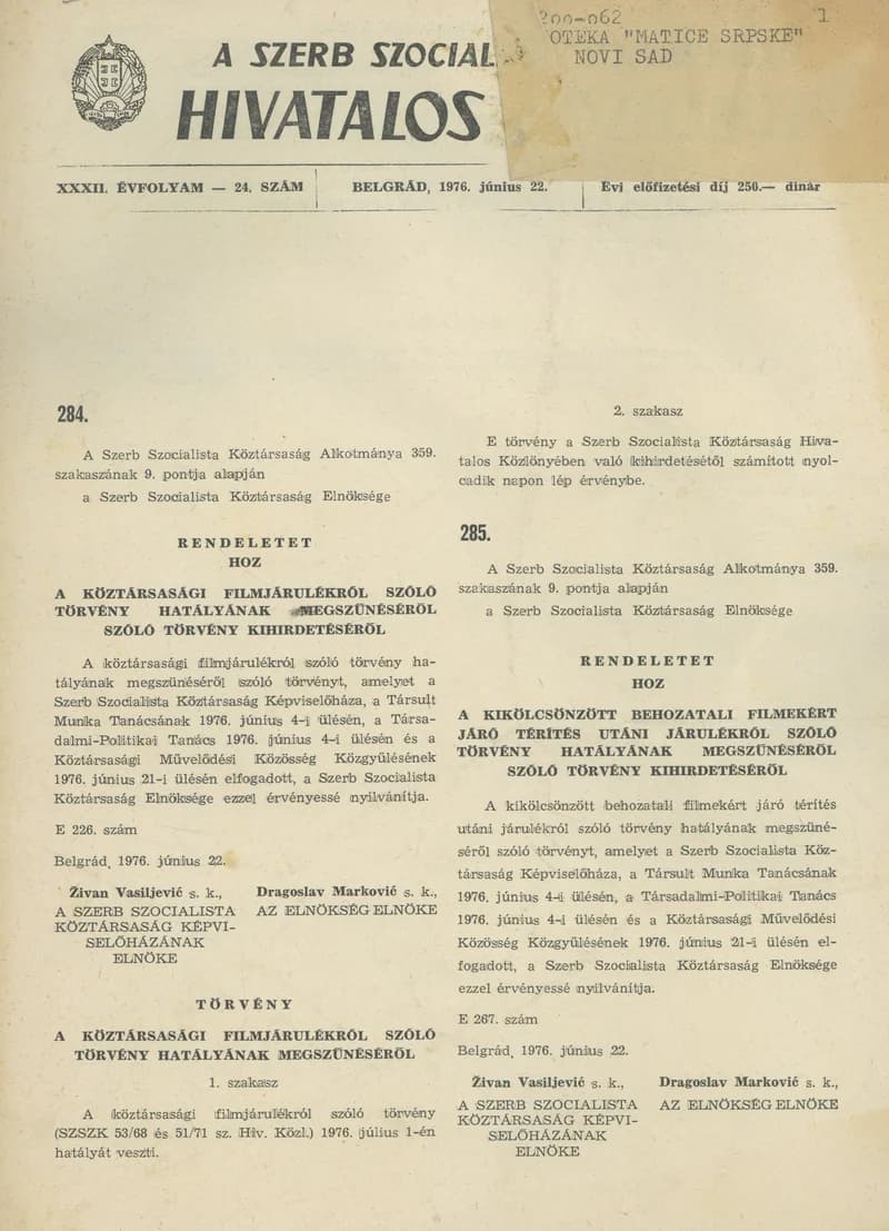 A Szerb Szocialista Köztársaság Hivatalos Közlönye, 32. évf. 1976. június 22. 24. sz. 769–772. oldal