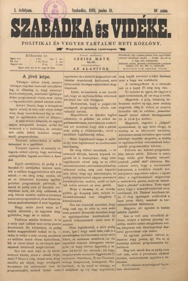 Szabadka és vidéke II, 1. évf. 1893. június 18. 18. sz.