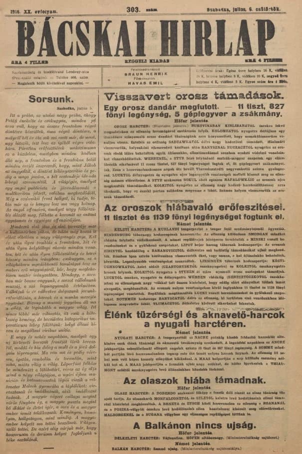 Bácskai Hirlap, 20. évf. 1916. július 6. 303. sz.