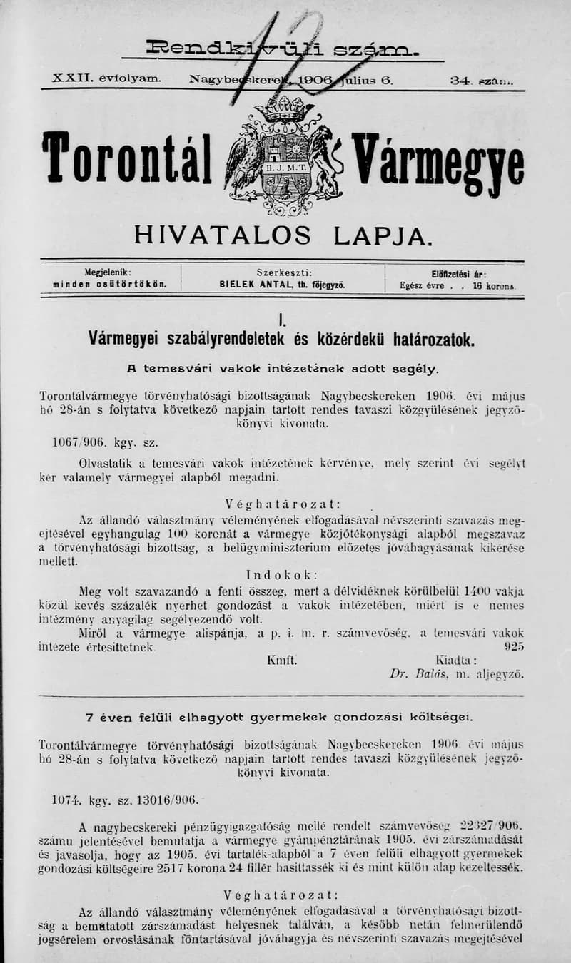Torontál Vármegye Hivatalos Lapja, 22. évf. 1906. július 6. 34. sz.