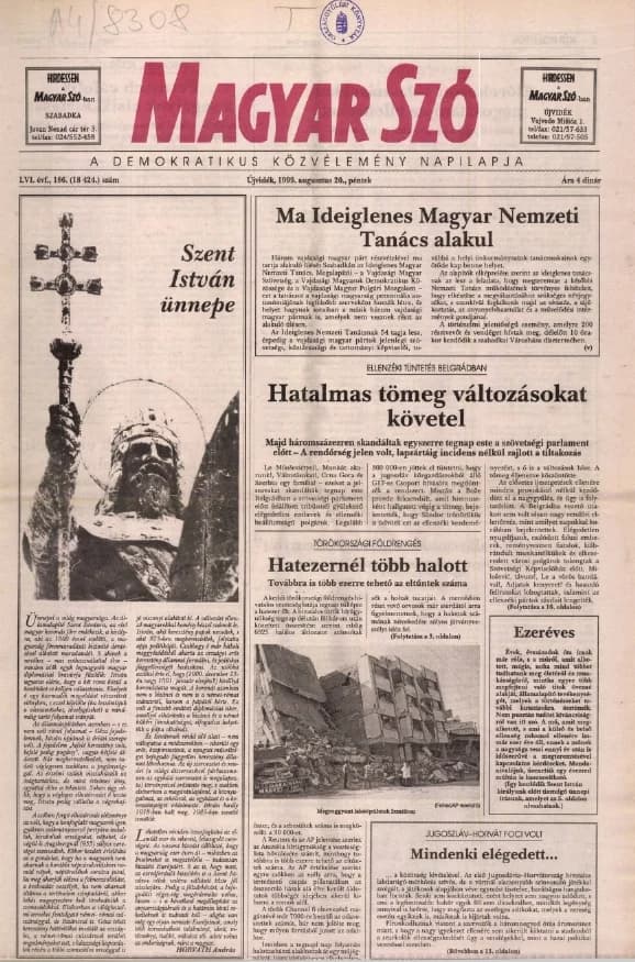 Magyar Szó, 56. évf. 1999. augusztus 20. 186. sz. 1–16. oldal