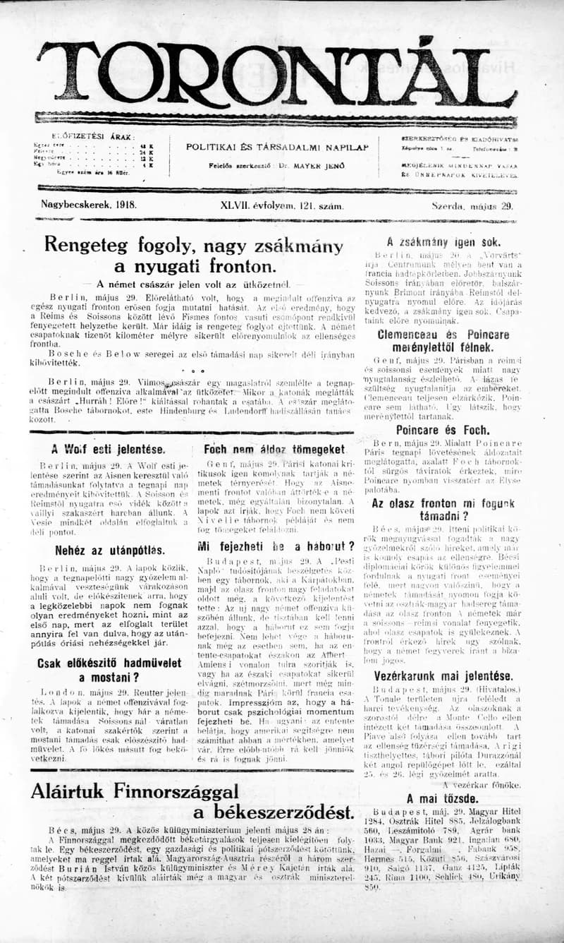 Torontál, 47. évf. 1918. május 29. 121. sz.