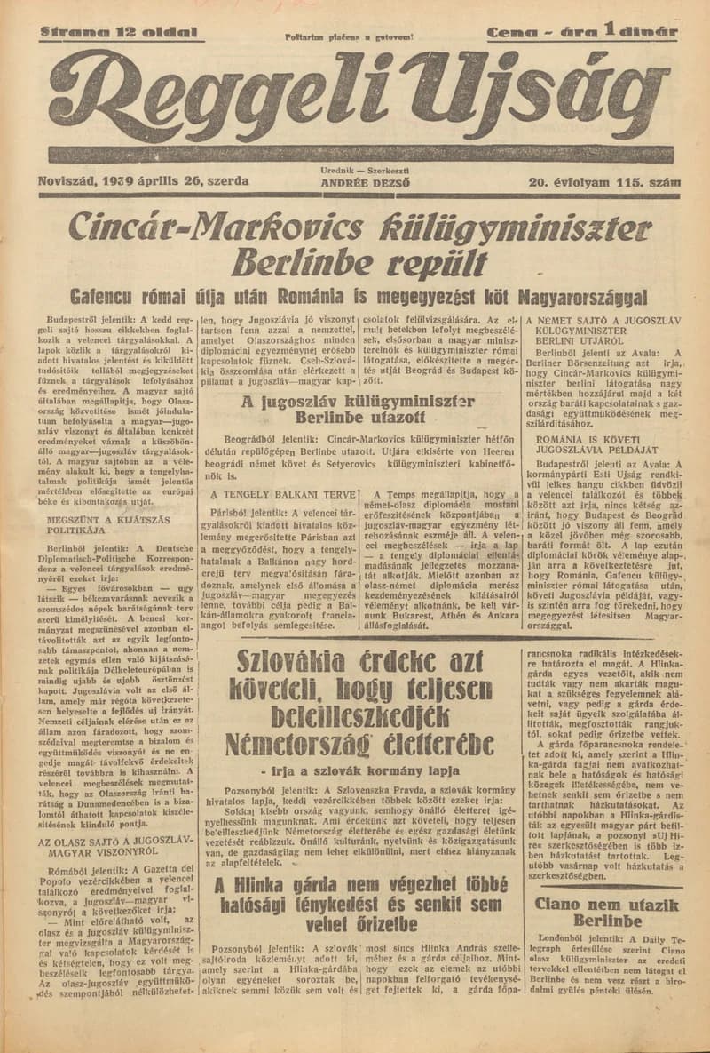 Reggeli Újság, 20. évf. 1939. április 26. 115. sz.