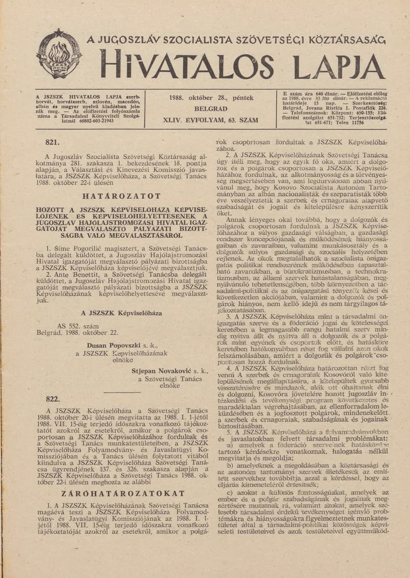 A Jugoszláv Szocialista Szövetségi Köztársaság Hivatalos Lapja, 44. évf. 1988. október 28. 63. sz. 1593–1608. oldal