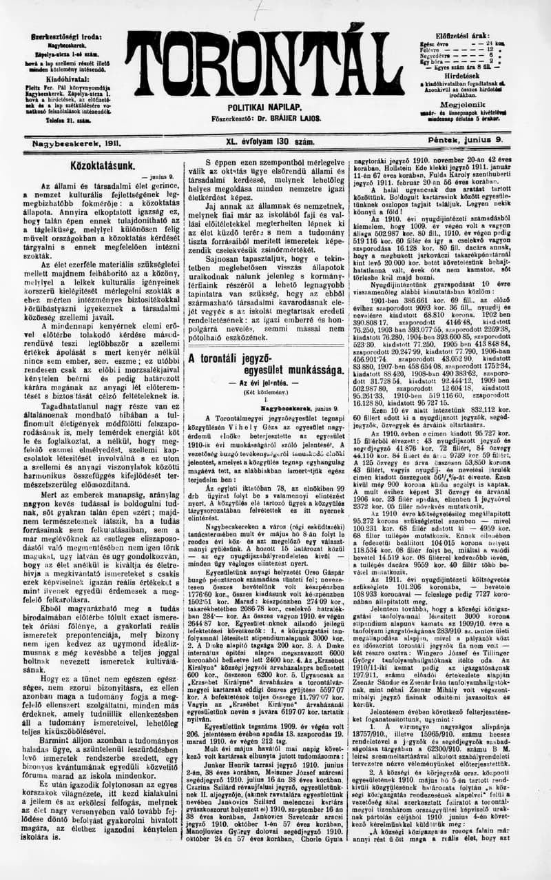 Torontál, 40. évf. 1911. június 9. 130. sz.