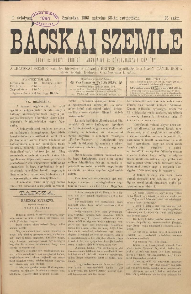 Bácskai Szemle, 1. évf. 1893. március 30. 26. sz.
