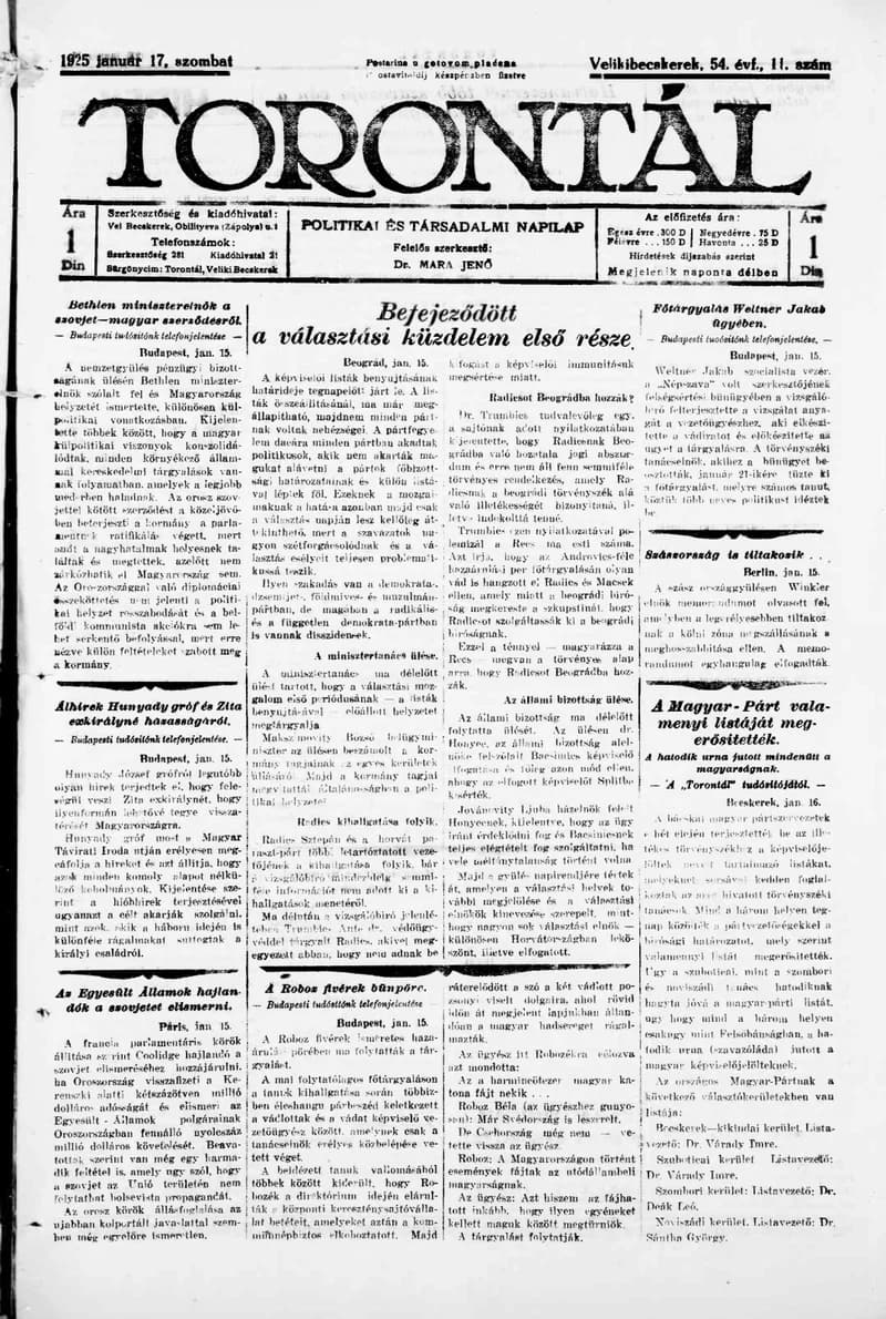Torontál, 54. évf. 1925. január 17. 11. sz.