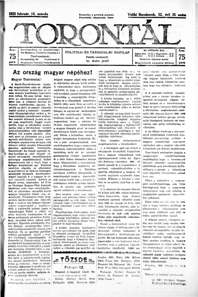 Torontál, 52. évf. 1923. február 14. 35. sz.