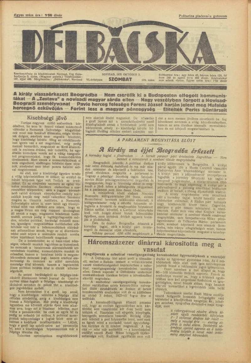 Délbácska, 6. évf. 1925. október 3. 229. sz.
