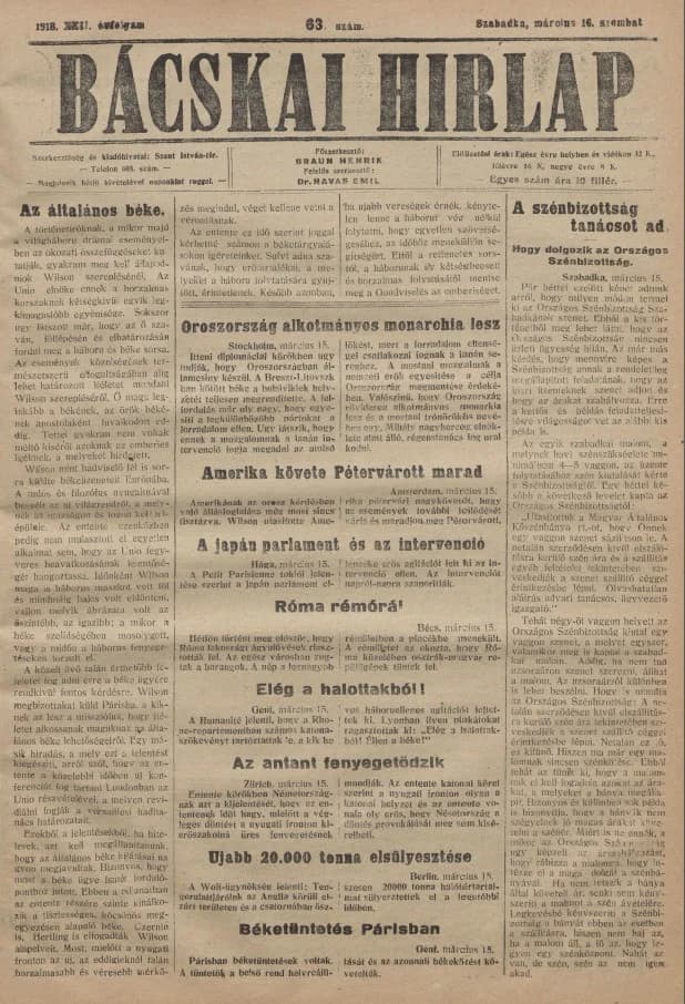 Bácskai Hirlap, 22. évf. 1918. március 16. 63. sz.