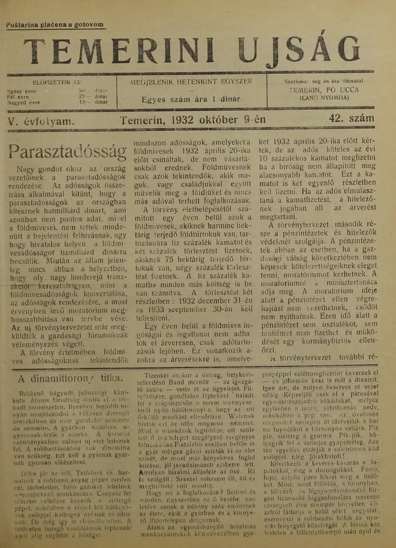 Temerini Újság 1928-1944, 5. évf. 1932. október 9. 42. sz.