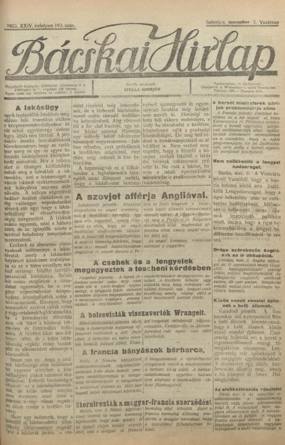 Bácskai Hirlap, 24. évf. 1920. november 7. 193. sz.