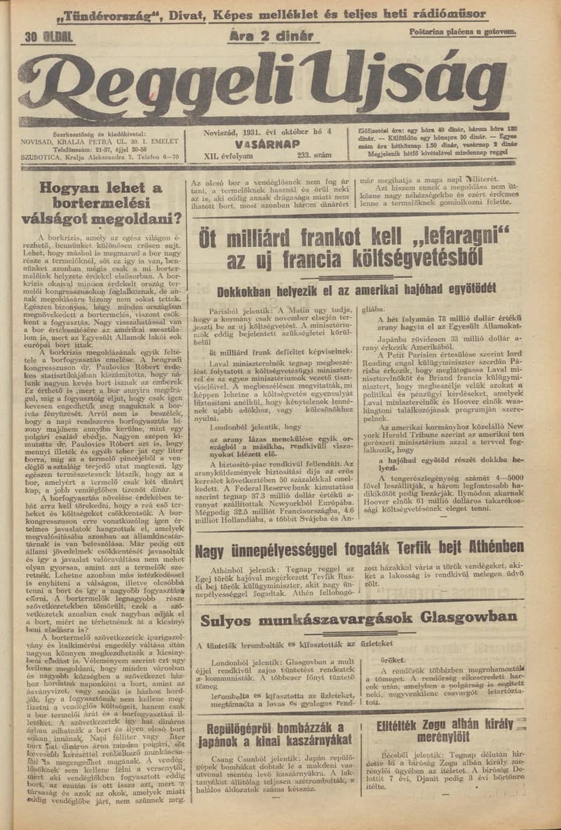 Reggeli Újság, 12. évf. 1931. október 4. 233. sz.