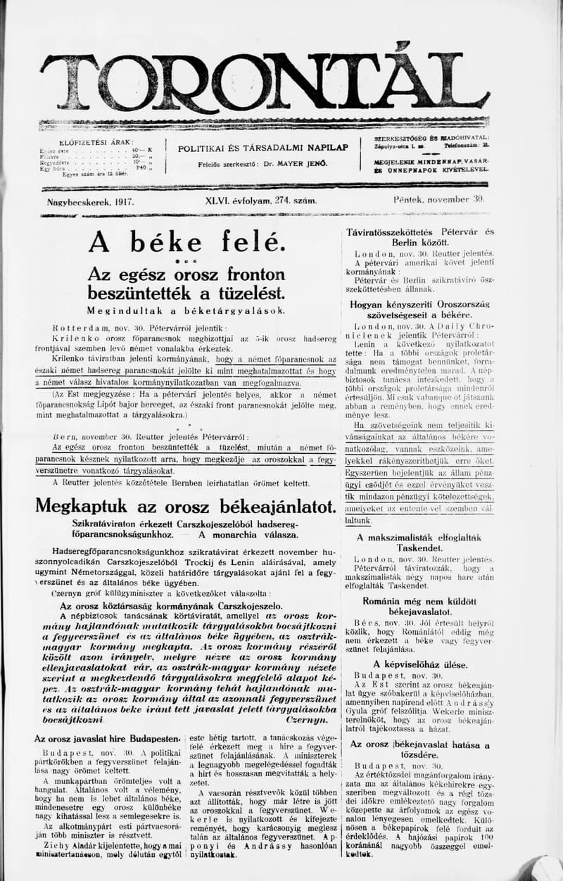 Torontál, 46. évf. 1917. november 30. 274. sz.