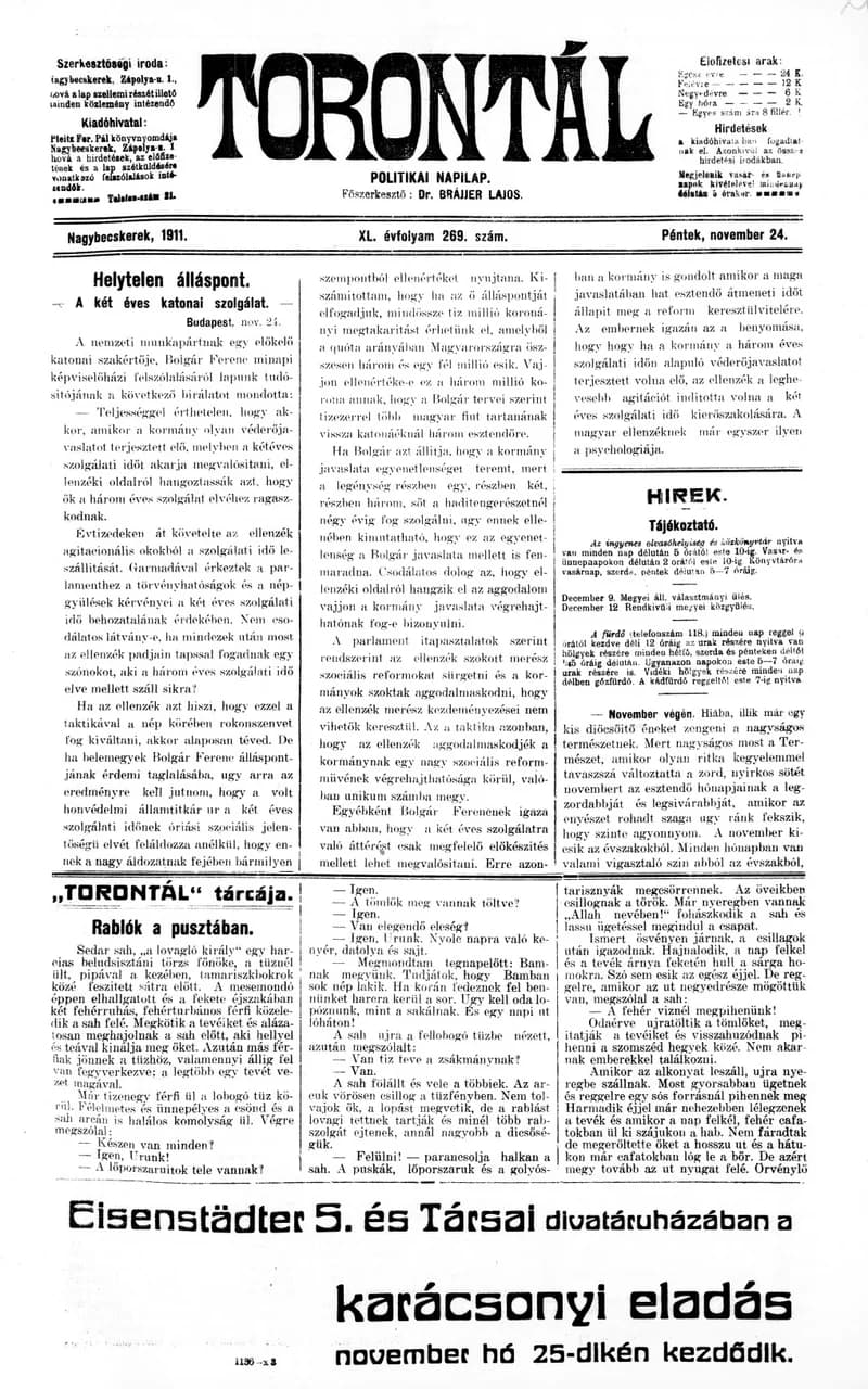 Torontál, 40. évf. 1911. november 24. 269. sz.