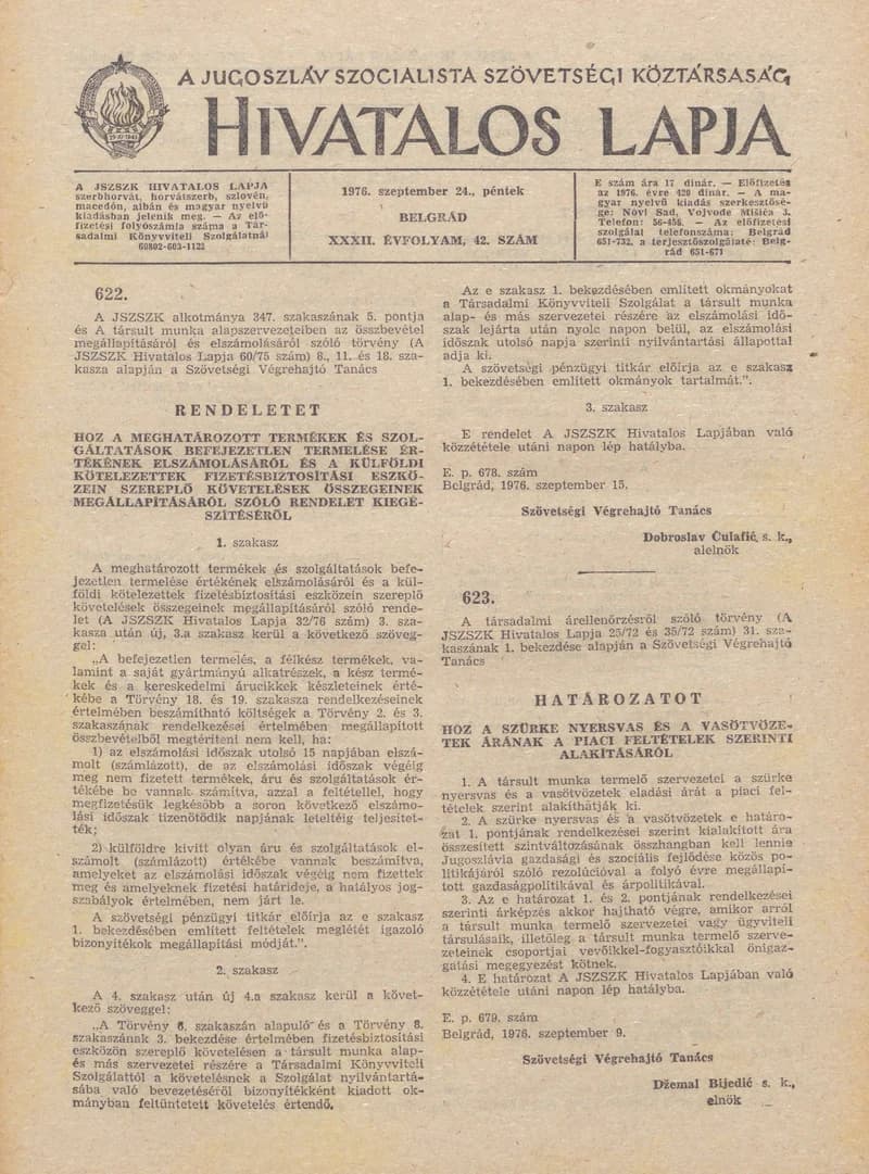A Jugoszláv Szocialista Szövetségi Köztársaság Hivatalos Lapja, 32. évf. 1976. szeptember 24. 42. sz. 1273–1288. oldal