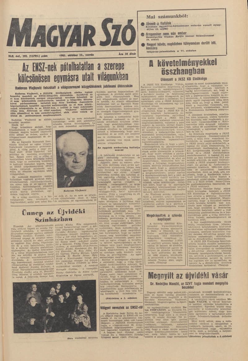 Magyar Szó, 42. évf. 1985. október 23. 292. sz. 1–16. oldal