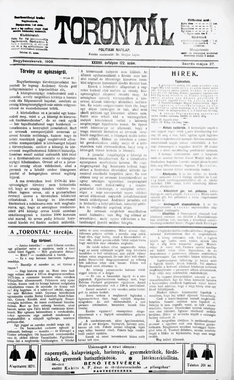 Torontál, 37. évf. 1908. május 27. 122. sz.